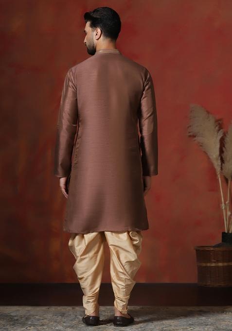 Brown Solid Dupion Kurta Dhoti Set For Men