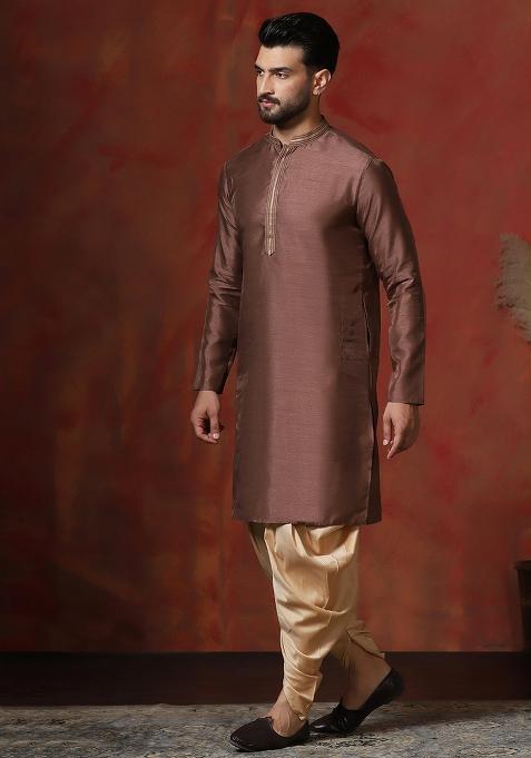 Brown Solid Dupion Kurta Dhoti Set For Men