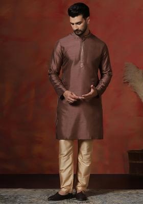 Brown Solid Dupion Kurta Pyjama Set For Men