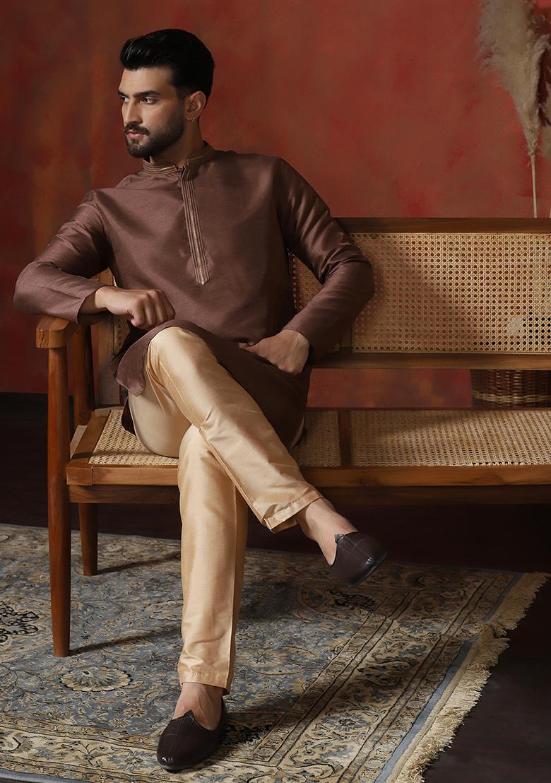 Brown Solid Dupion Kurta Pyjama Set For Men - Indya