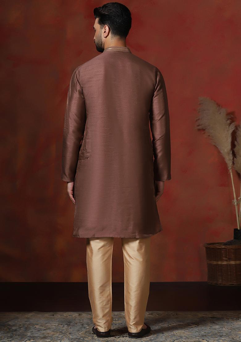 Brown Solid Dupion Kurta Pyjama Set For Men