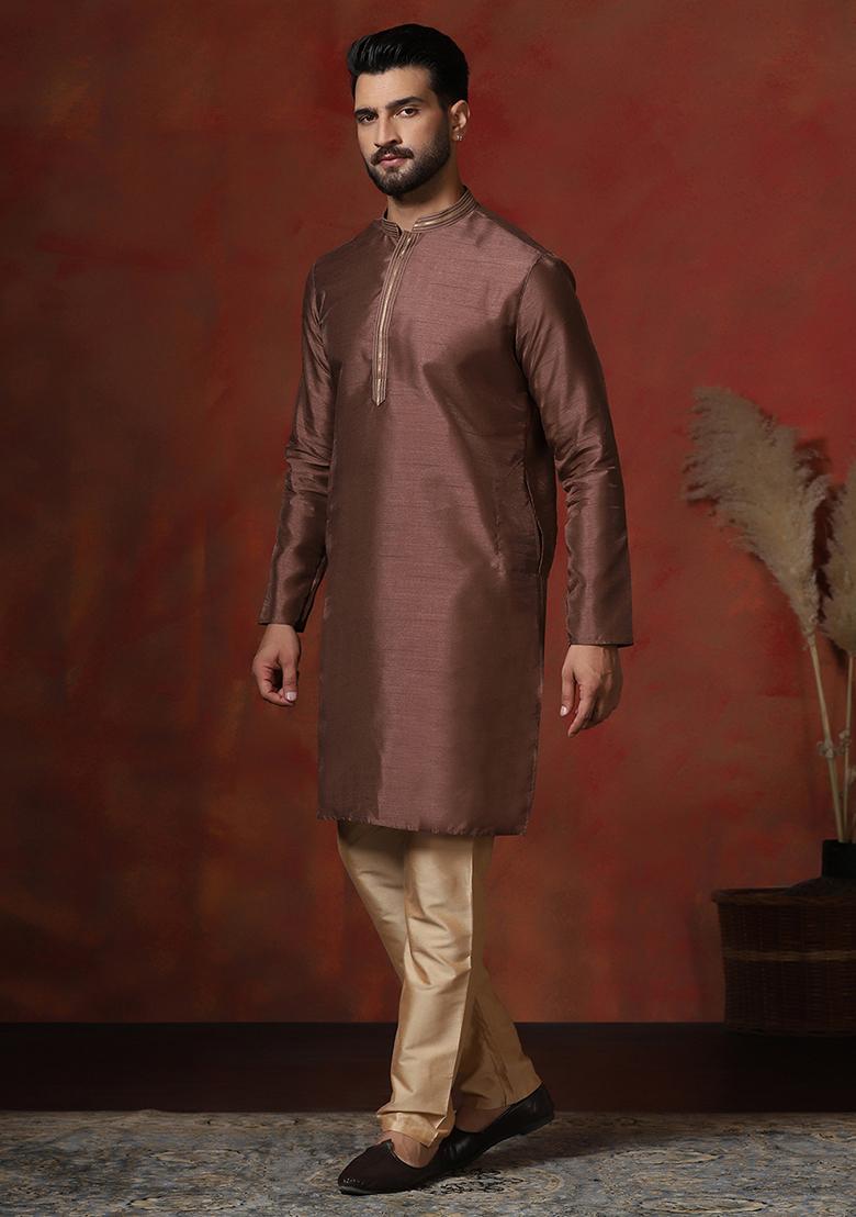 Brown Solid Dupion Kurta Pyjama Set For Men - Indya