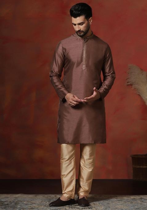 Brown Solid Dupion Kurta Pyjama Set For Men