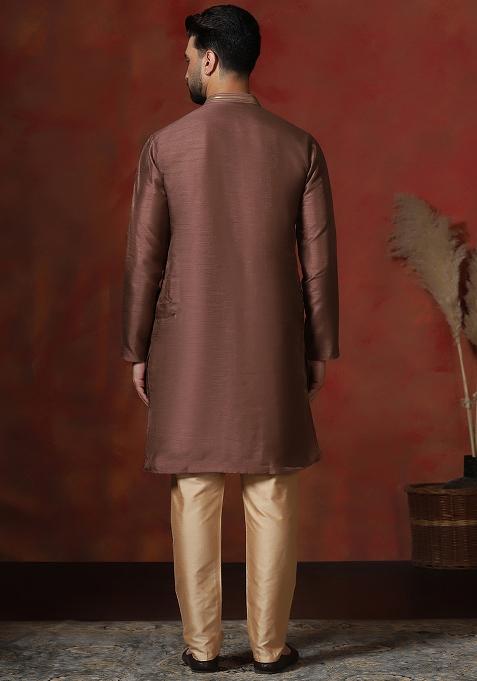 Brown Solid Dupion Kurta Pyjama Set For Men