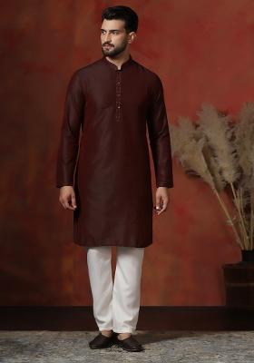 Maroon Solid Dupion Kurta Pyjama Set For Men