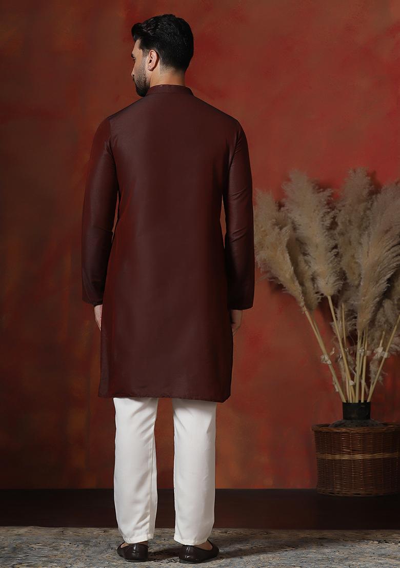 Maroon Solid Dupion Kurta Pyjama Set For Men