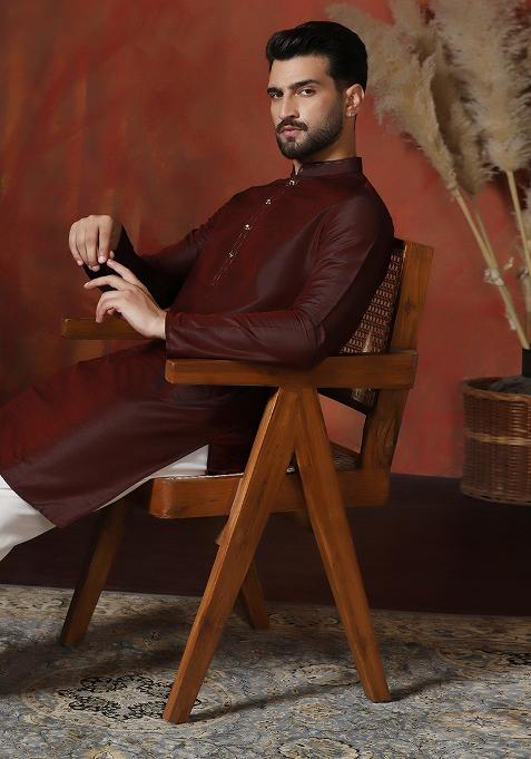 Maroon Solid Dupion Kurta Pyjama Set For Men