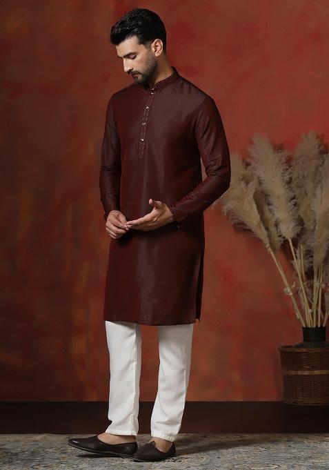 Maroon Solid Dupion Kurta Pyjama Set For Men