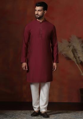 Red Solid Dupion Kurta Pyjama Set For Men