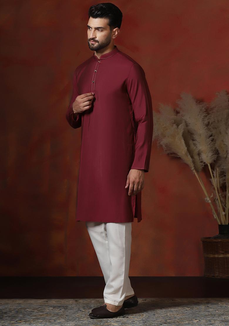 Red Solid Dupion Kurta Pyjama Set For Men - Indya