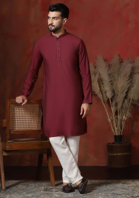 Red Solid Dupion Kurta Pyjama Set For Men