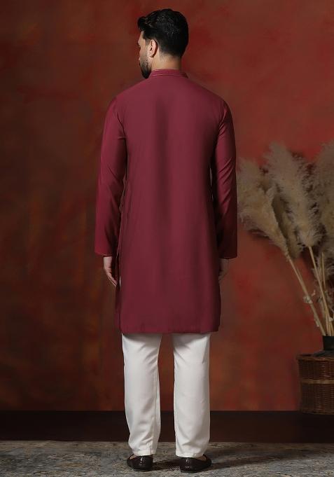 Red Solid Dupion Kurta Pyjama Set For Men