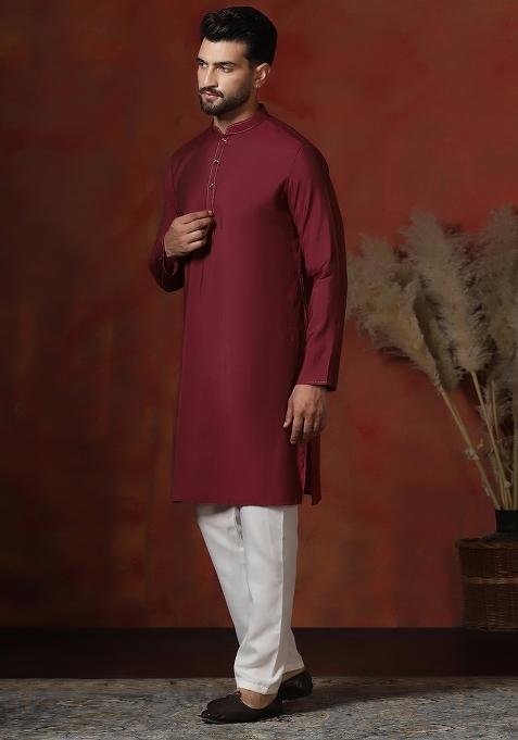 Red Solid Dupion Kurta Pyjama Set For Men