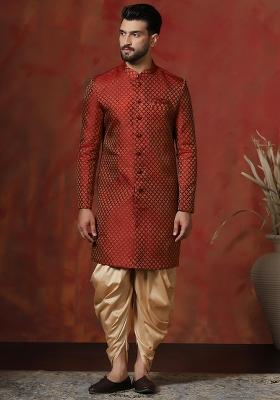 Red Printed Cotton Blend Sherwani Dhoti Set For Men