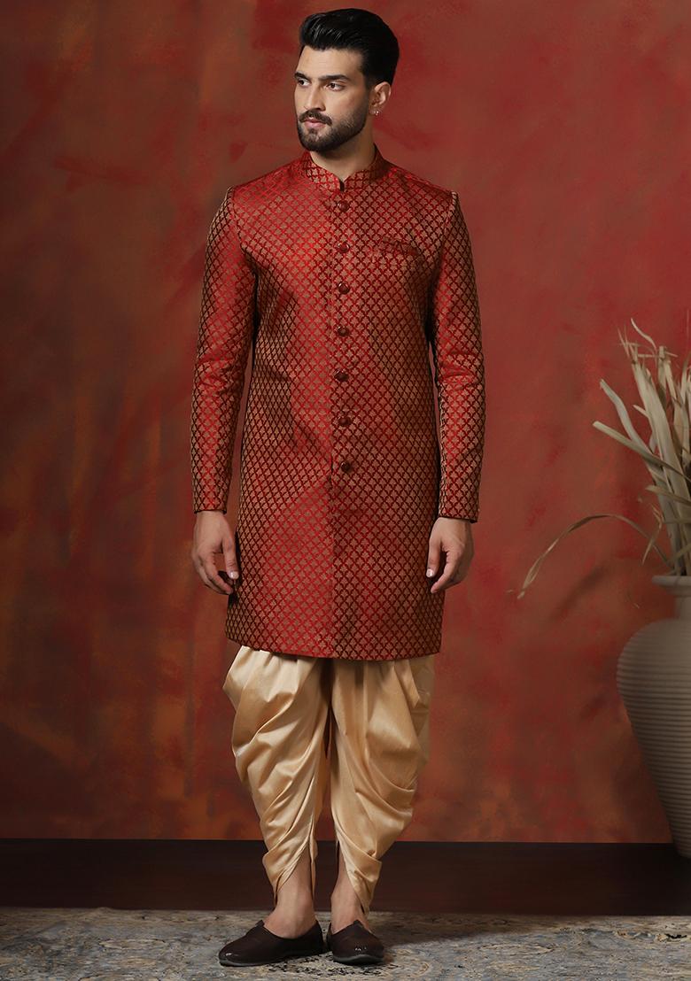 Red Printed Cotton Blend Sherwani Dhoti Set For Men
