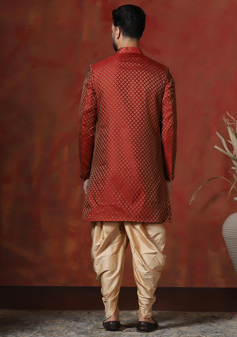 Red Printed Cotton Blend Sherwani Dhoti Set For Men