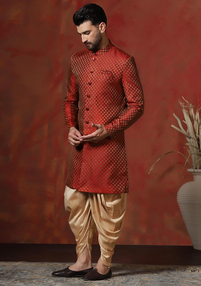 Red Printed Cotton Blend Sherwani Dhoti Set For Men - Indya