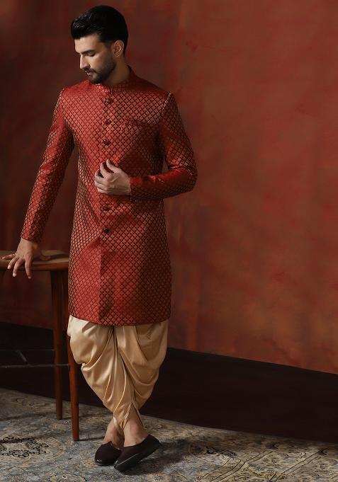 Red Printed Cotton Blend Sherwani Dhoti Set For Men