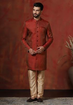 Red Printed Cotton Blend Sherwani Pyjama Set For Men
