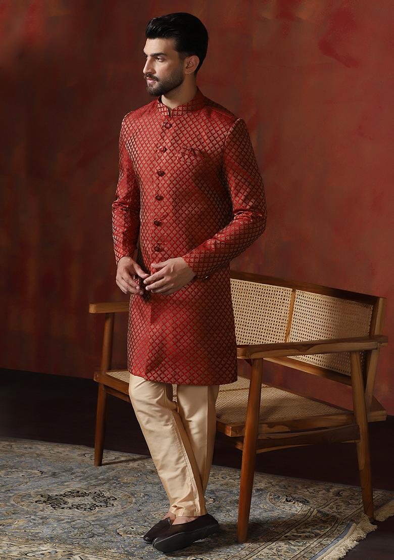 Red Printed Cotton Blend Sherwani Pyjama Set For Men
