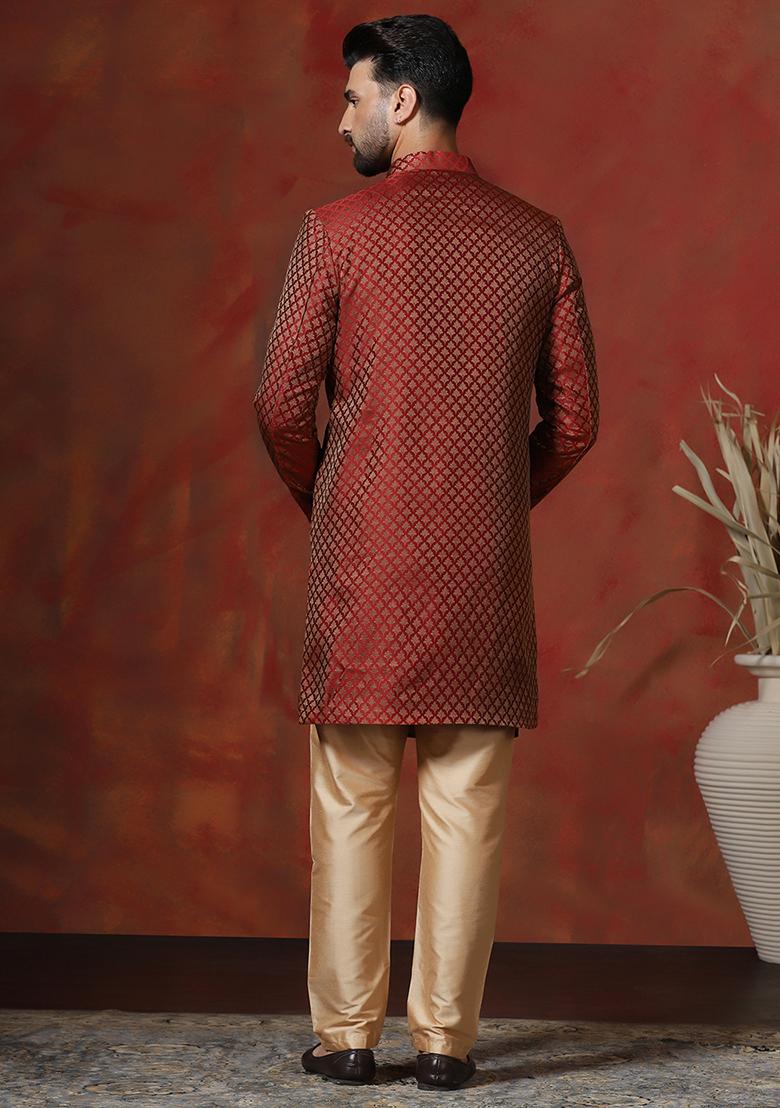 Red Printed Cotton Blend Sherwani Pyjama Set For Men - Indya