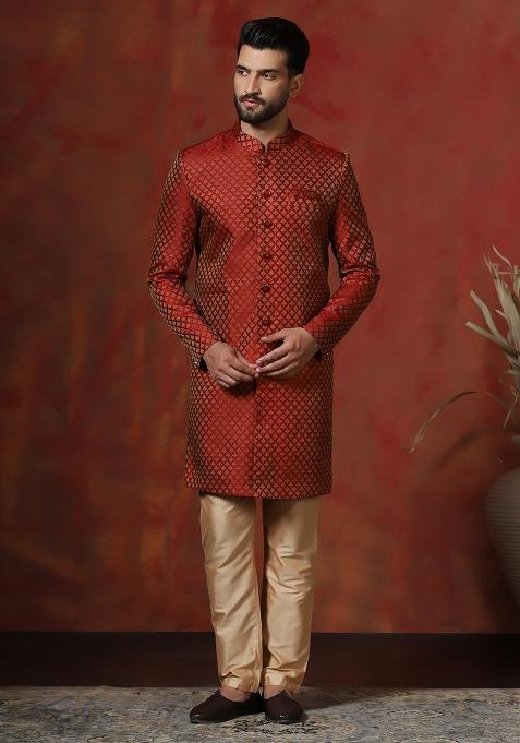 Red Printed Cotton Blend Sherwani Pyjama Set For Men