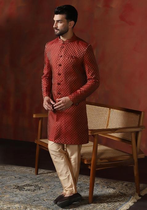 Red Printed Cotton Blend Sherwani Pyjama Set For Men