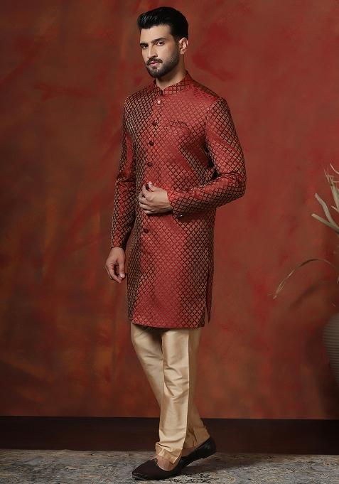 Red Printed Cotton Blend Sherwani Pyjama Set For Men