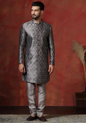 Grey Printed Cotton Blend Sherwani Churidar Set For Men
