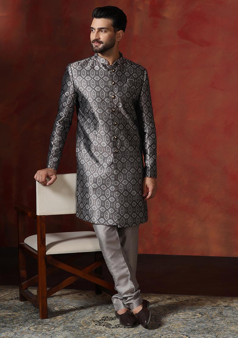 Grey Printed Cotton Blend Sherwani Churidar Set For Men