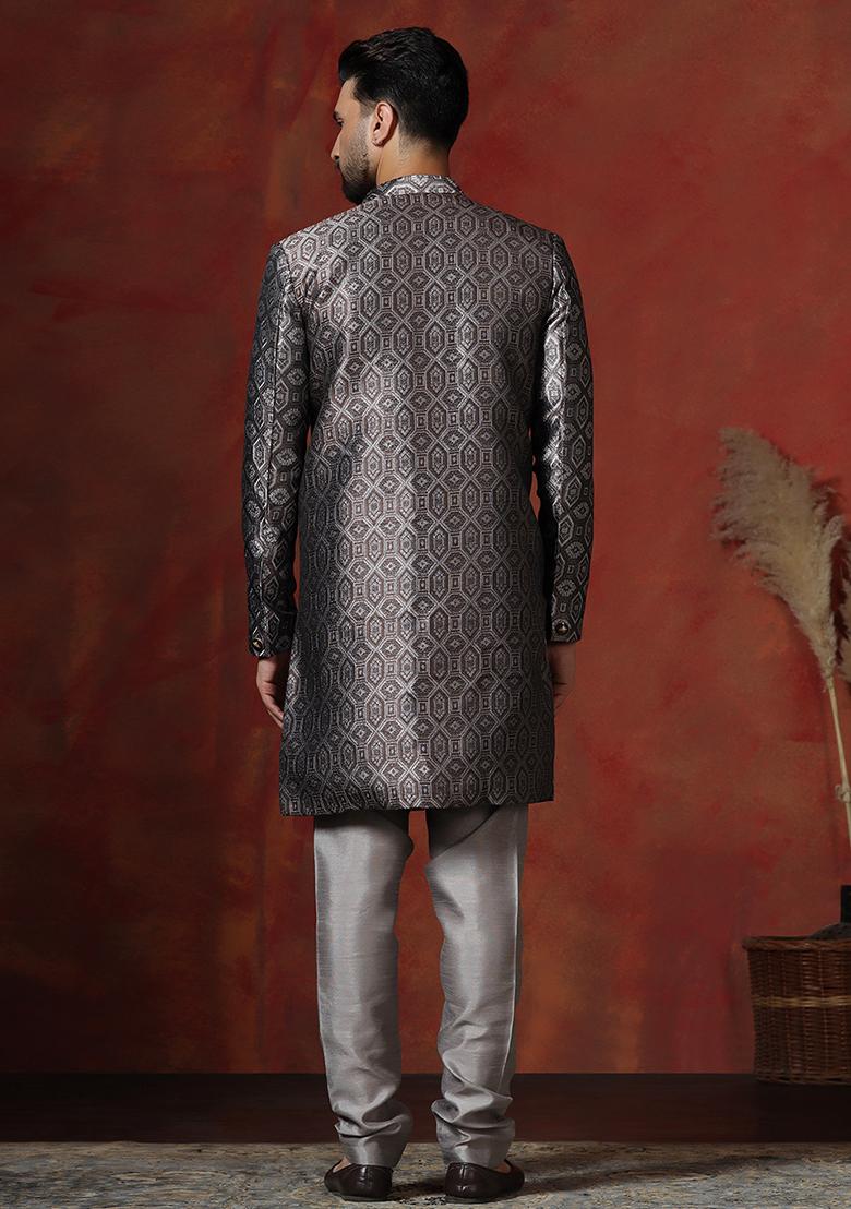 Grey Printed Cotton Blend Sherwani Churidar Set For Men