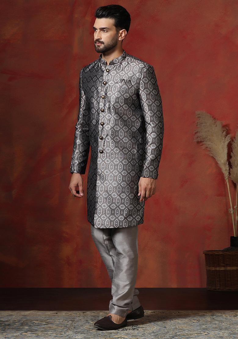Grey Printed Cotton Blend Sherwani Churidar Set For Men