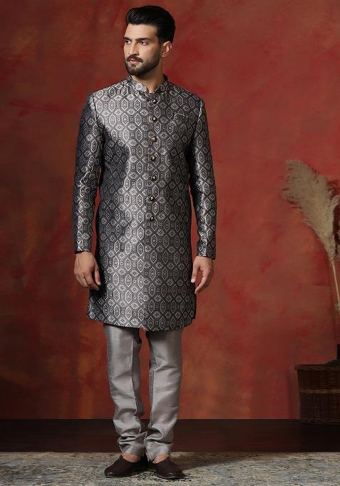 Grey Printed Cotton Blend Sherwani Churidar Set For Men