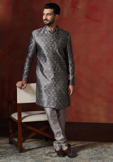 Grey Printed Cotton Blend Sherwani Churidar Set For Men