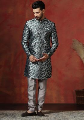 Green Printed Cotton Blend Sherwani Churidar Set For Men