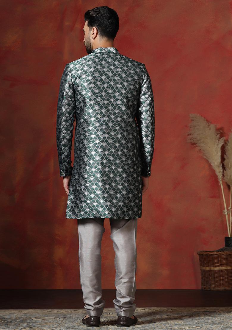 Green Printed Cotton Blend Sherwani Churidar Set For Men