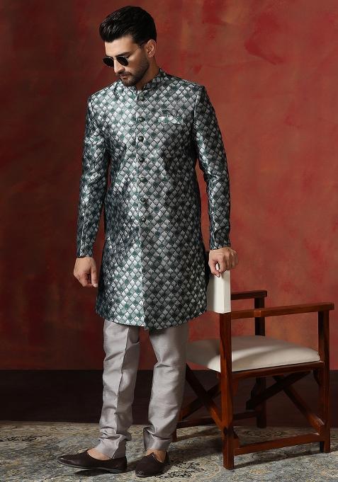 Green Printed Cotton Blend Sherwani Churidar Set For Men