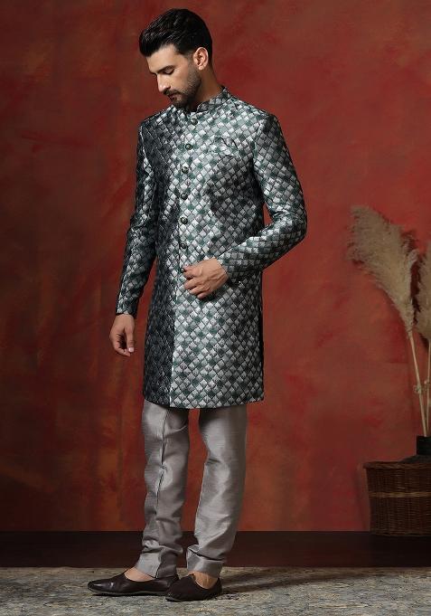 Green Printed Cotton Blend Sherwani Churidar Set For Men