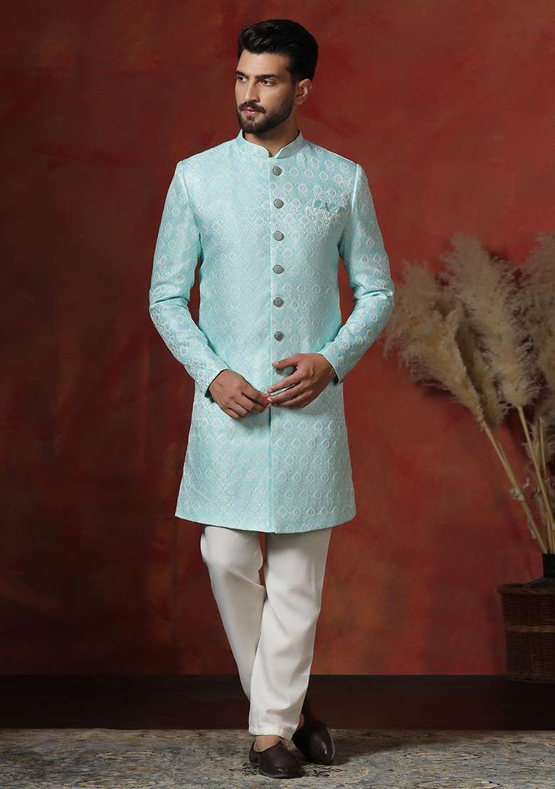 Sky Blue Printed Cotton Blend Sherwani Pyjama Set For Men - Indya