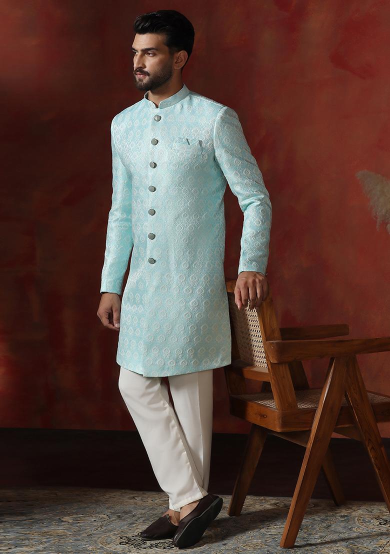 Sky Blue Printed Cotton Blend Sherwani Pyjama Set For Men - Indya