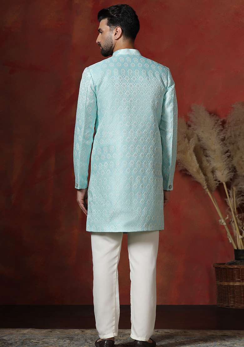Sky Blue Printed Cotton Blend Sherwani Pyjama Set For Men - Indya