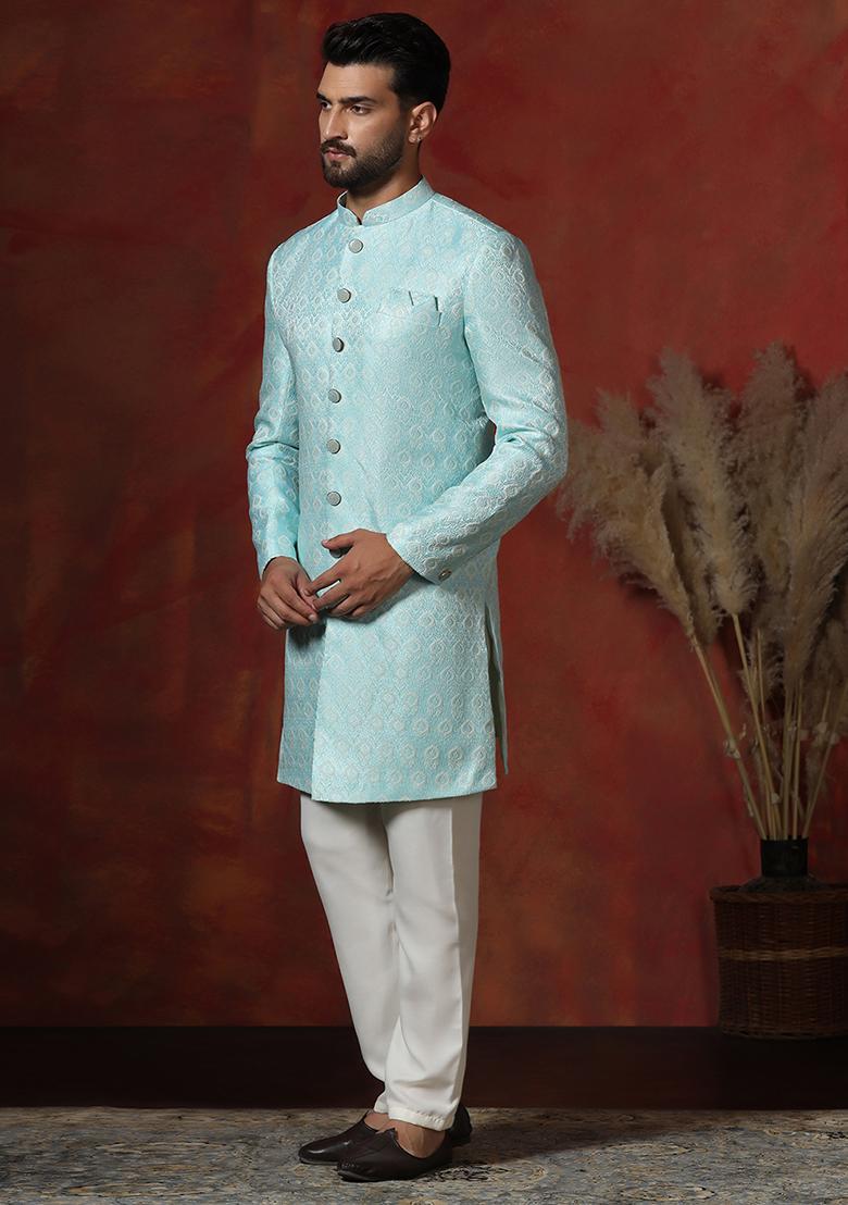 Sky Blue Printed Cotton Blend Sherwani Pyjama Set For Men - Indya