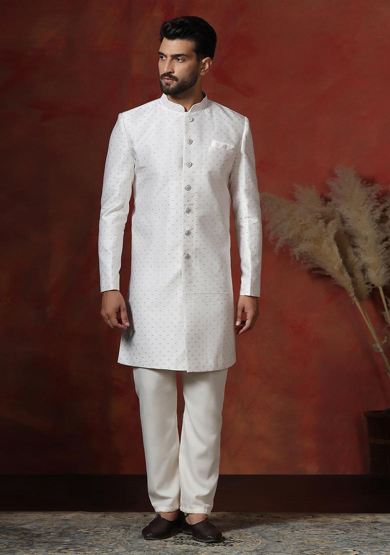 White Printed Cotton Blend Sherwani Pyjama Set For Men