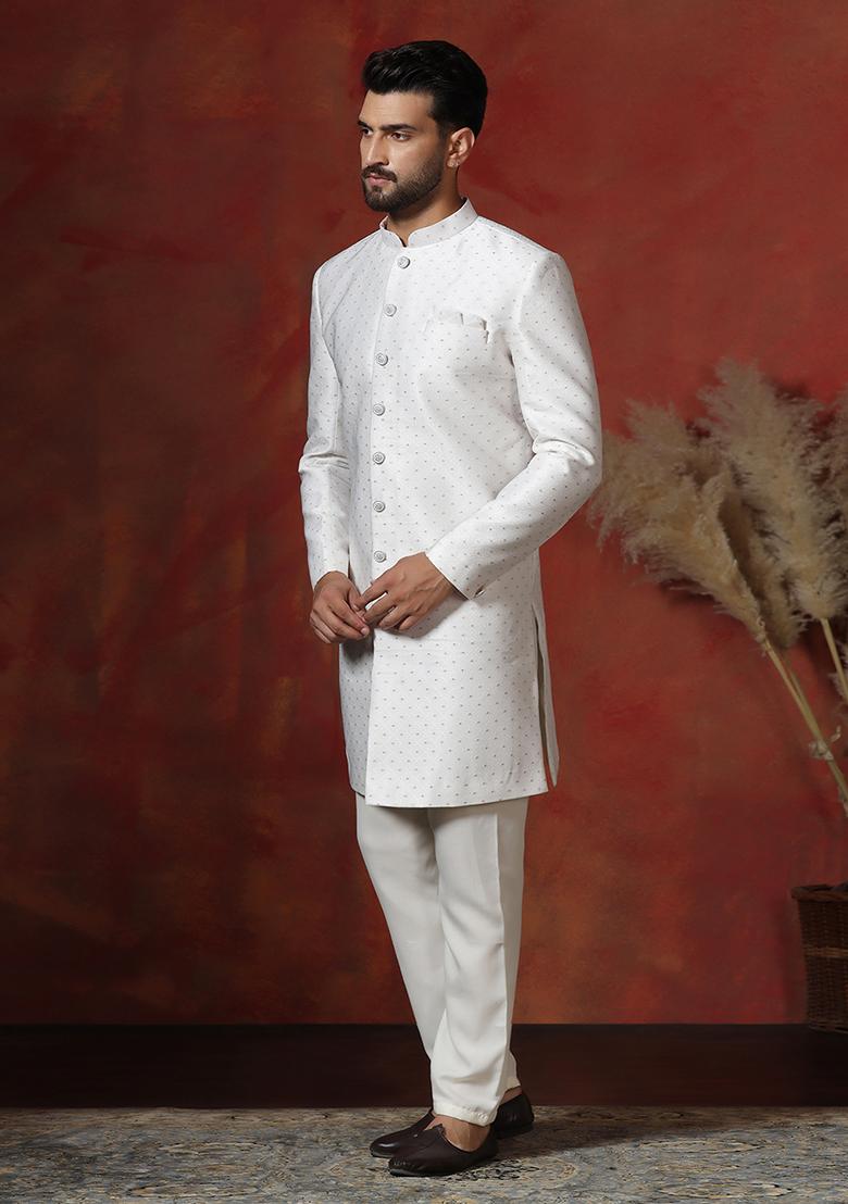 White Printed Cotton Blend Sherwani Pyjama Set For Men - Indya