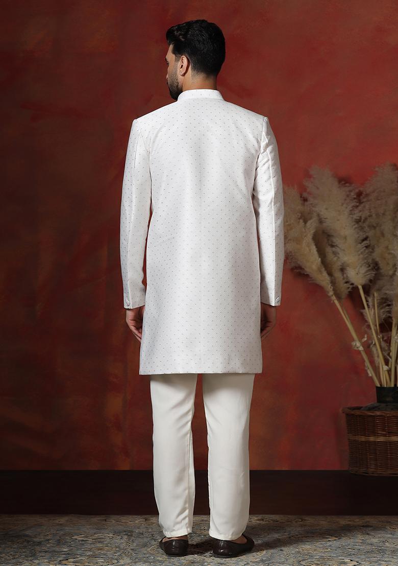 White Printed Cotton Blend Sherwani Pyjama Set For Men