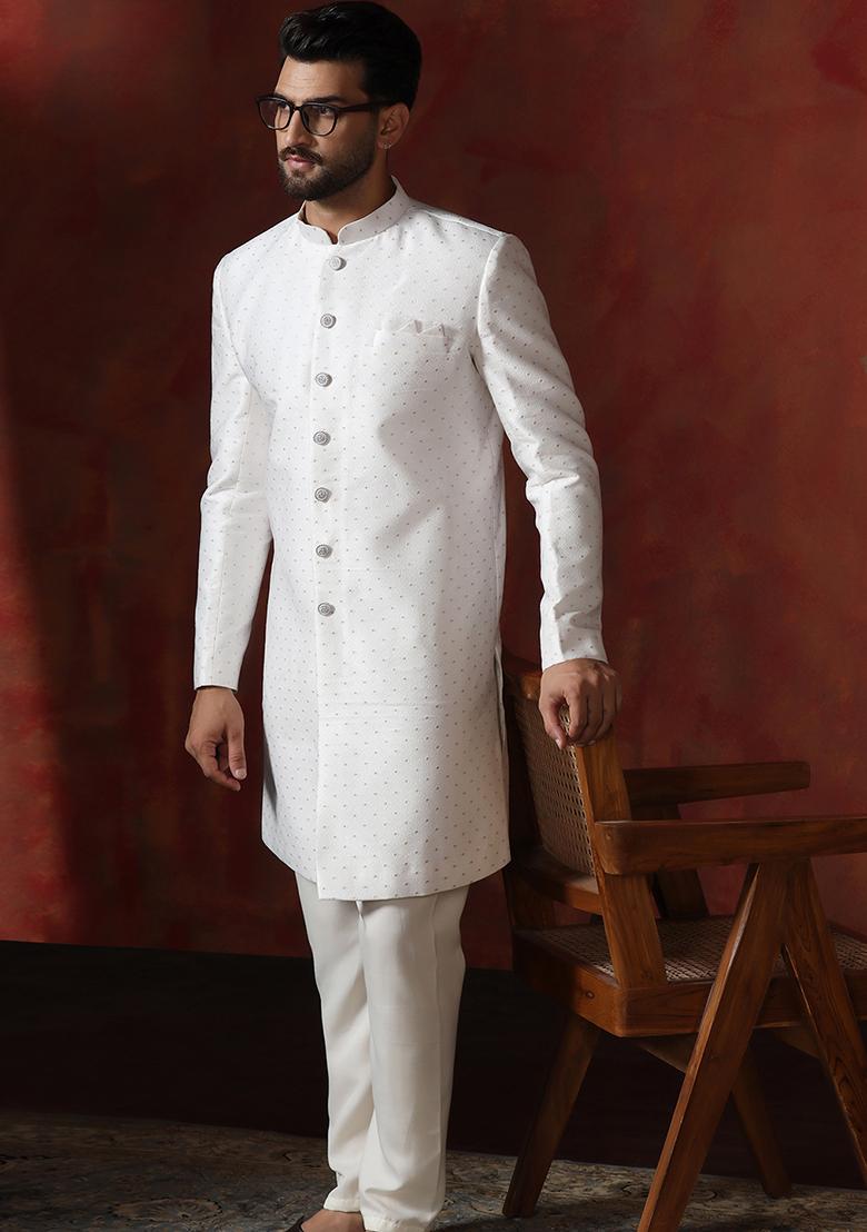 White Printed Cotton Blend Sherwani Pyjama Set For Men - Indya