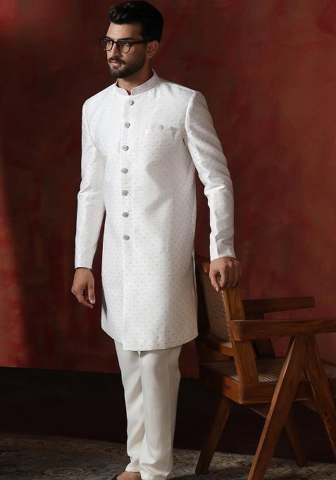 White Printed Cotton Blend Sherwani Pyjama Set For Men
