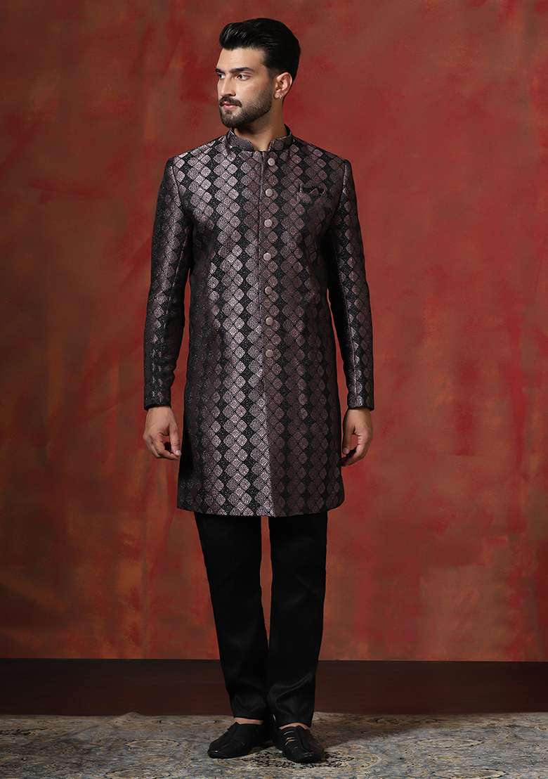 Brown Printed Cotton Blend Sherwani Pyjama Set For Men - Indya