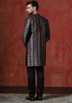 Brown Printed Cotton Blend Sherwani Pyjama Set For Men - Indya