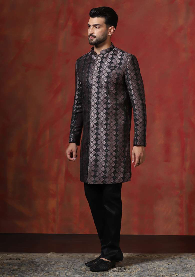 Brown Printed Cotton Blend Sherwani Pyjama Set For Men - Indya